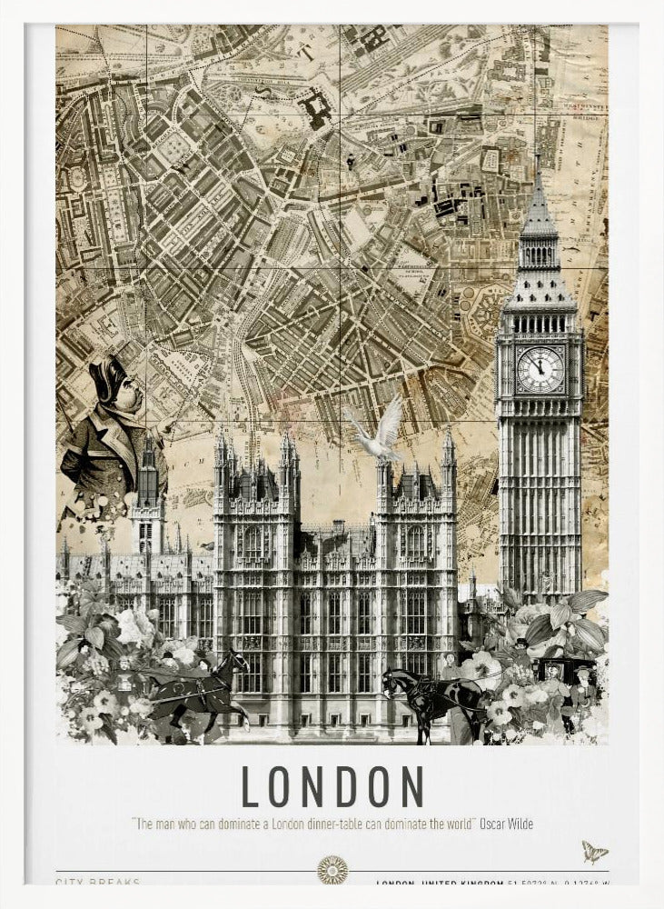 A vintage-style collage poster of London featuring an old sepia-toned map as the background. In the foreground are black and white illustrations of the Houses of Parliament and Big Ben, along with a man in historical dress, a dove, and horse-drawn carriages. The bottom reads 'LONDON' with a quote by Oscar Wilde. Poster