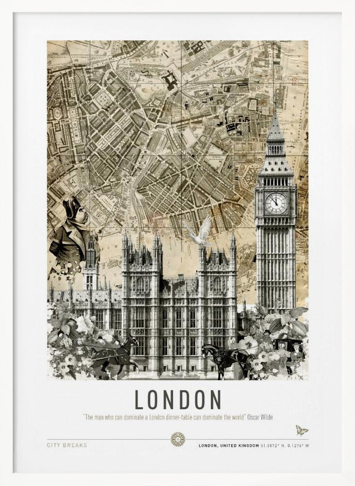 A vintage-style collage poster of London featuring an old sepia-toned map as the background. In the foreground are black and white illustrations of the Houses of Parliament and Big Ben, along with a man in historical dress, a dove, and horse-drawn carriages. The bottom reads 'LONDON' with a quote by Oscar Wilde. Poster