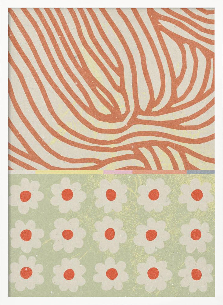 A modern abstract artwork with a split design. The top section features wavy, organic orange lines on a cream background, resembling wood grain. The bottom section is a pattern of simple white and orange flowers on a sage green background. Poster