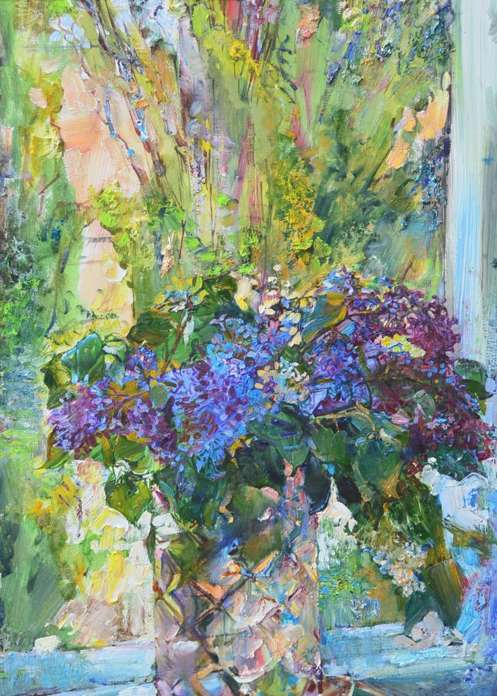 An impressionistic oil painting of a vibrant bouquet of purple and blue lilacs in a textured crystal vase, set against a sunlit window with lush green foliage outside. The artwork is characterized by thick, expressive brushstrokes. Artwork