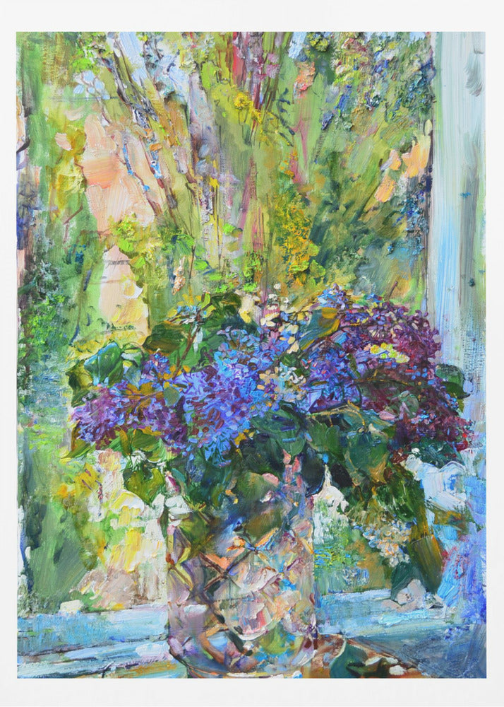 An impressionistic oil painting of a vibrant bouquet of purple and blue lilacs in a textured crystal vase, set against a sunlit window with lush green foliage outside. The artwork is characterized by thick, expressive brushstrokes. Artwork