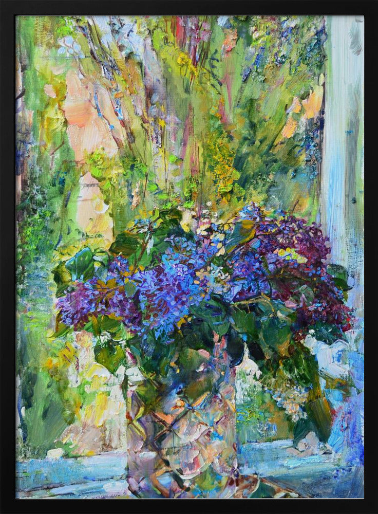 An impressionistic oil painting of a vibrant bouquet of purple and blue lilacs in a textured crystal vase, set against a sunlit window with lush green foliage outside. The artwork is characterized by thick, expressive brushstrokes. Artwork