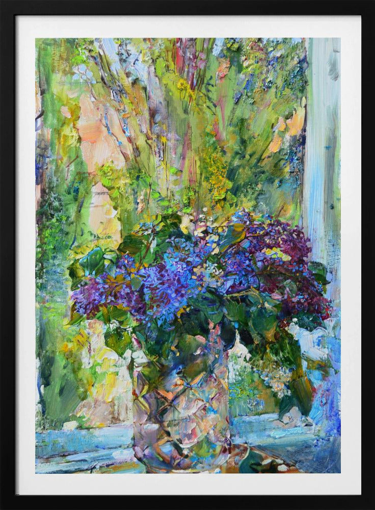 An impressionistic oil painting of a vibrant bouquet of purple and blue lilacs in a textured crystal vase, set against a sunlit window with lush green foliage outside. The artwork is characterized by thick, expressive brushstrokes. Artwork