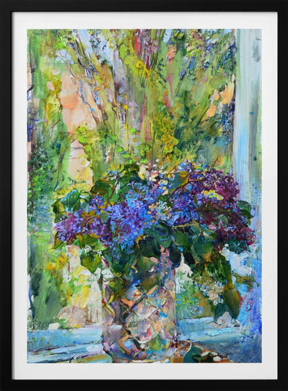 An impressionistic oil painting of a vibrant bouquet of purple and blue lilacs in a textured crystal vase, set against a sunlit window with lush green foliage outside. The artwork is characterized by thick, expressive brushstrokes. Artwork