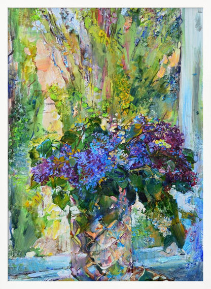 An impressionistic oil painting of a vibrant bouquet of purple and blue lilacs in a textured crystal vase, set against a sunlit window with lush green foliage outside. The artwork is characterized by thick, expressive brushstrokes. Artwork