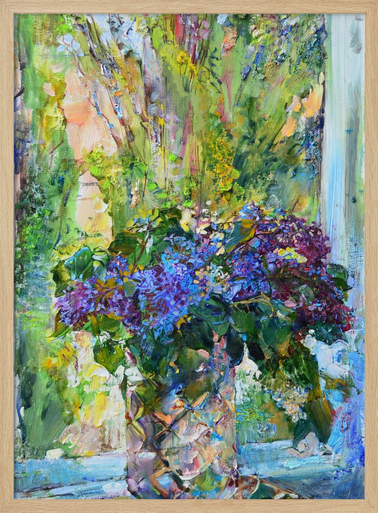 An impressionistic oil painting of a vibrant bouquet of purple and blue lilacs in a textured crystal vase, set against a sunlit window with lush green foliage outside. The artwork is characterized by thick, expressive brushstrokes. Artwork