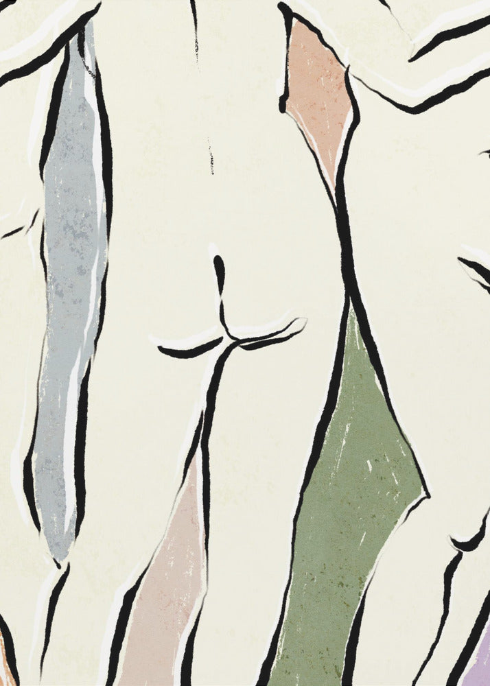 An abstract figurative artwork in a black frame featuring overlapping nude human forms. The figures are defined by bold, black ink lines on a cream background, with blocks of muted colors like dusty rose, sage green, and slate blue accentuating the shapes. Decor