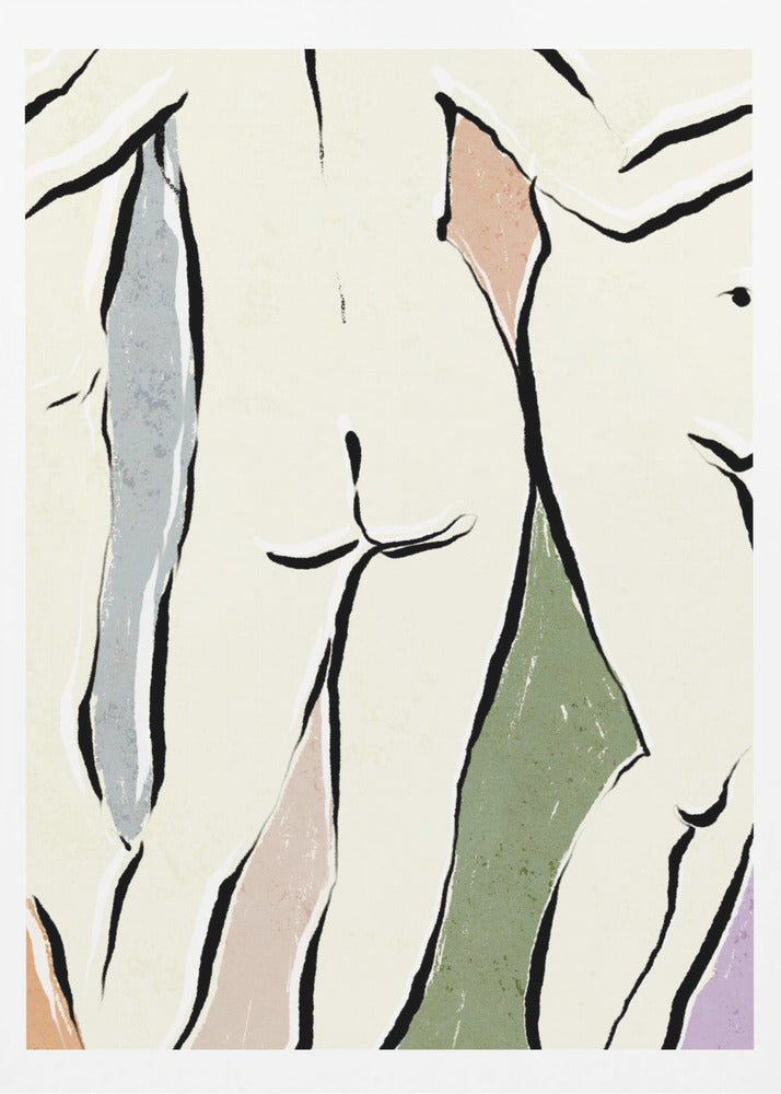 An abstract figurative artwork in a black frame featuring overlapping nude human forms. The figures are defined by bold, black ink lines on a cream background, with blocks of muted colors like dusty rose, sage green, and slate blue accentuating the shapes. Decor