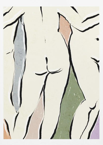 An abstract figurative artwork in a black frame featuring overlapping nude human forms. The figures are defined by bold, black ink lines on a cream background, with blocks of muted colors like dusty rose, sage green, and slate blue accentuating the shapes. Decor