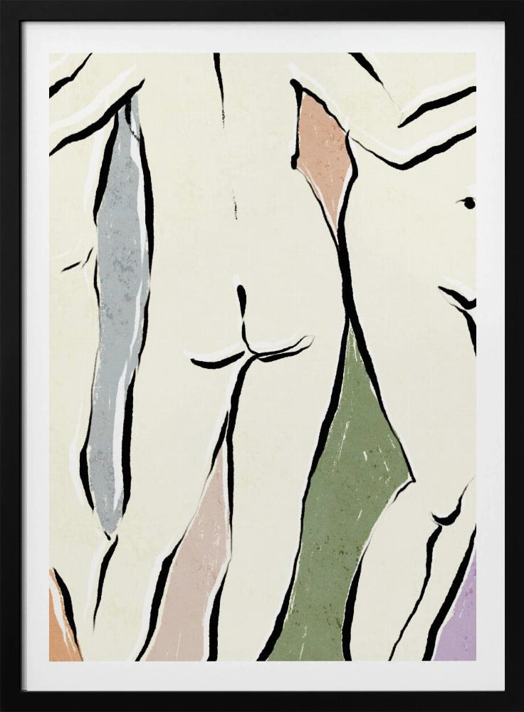 An abstract figurative artwork in a black frame featuring overlapping nude human forms. The figures are defined by bold, black ink lines on a cream background, with blocks of muted colors like dusty rose, sage green, and slate blue accentuating the shapes. Decor