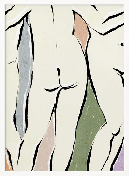 An abstract figurative artwork in a black frame featuring overlapping nude human forms. The figures are defined by bold, black ink lines on a cream background, with blocks of muted colors like dusty rose, sage green, and slate blue accentuating the shapes. Decor