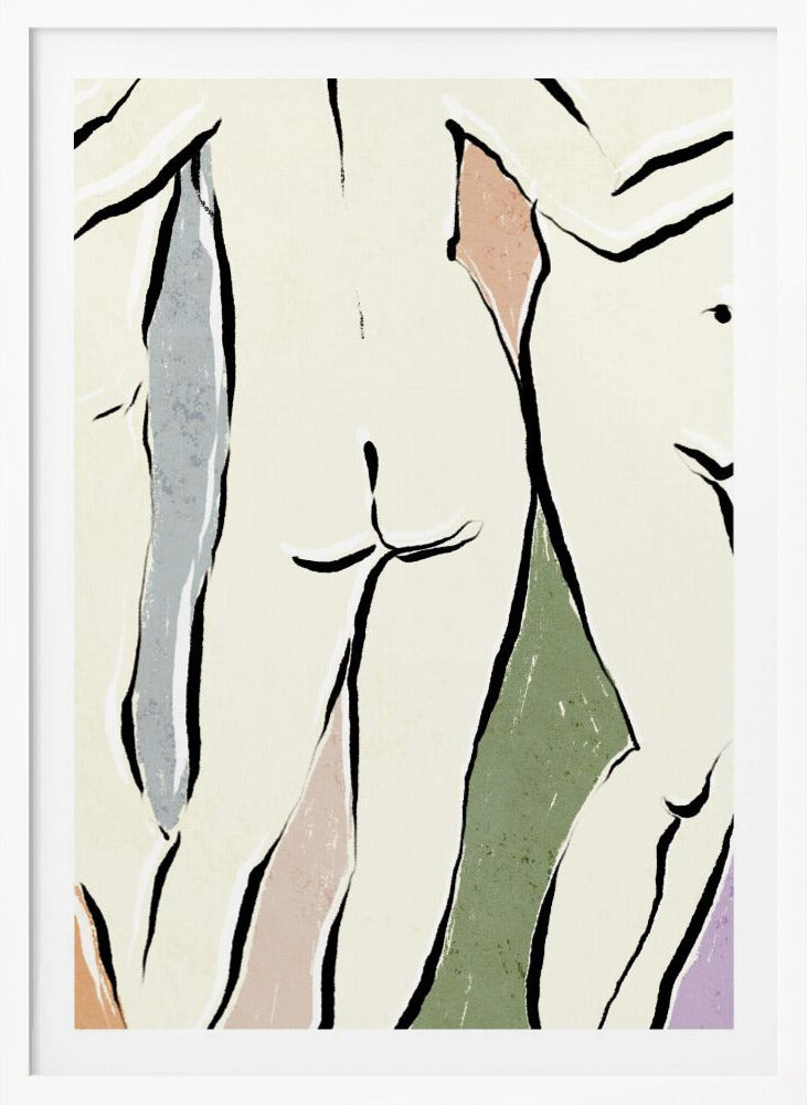 An abstract figurative artwork in a black frame featuring overlapping nude human forms. The figures are defined by bold, black ink lines on a cream background, with blocks of muted colors like dusty rose, sage green, and slate blue accentuating the shapes. Decor