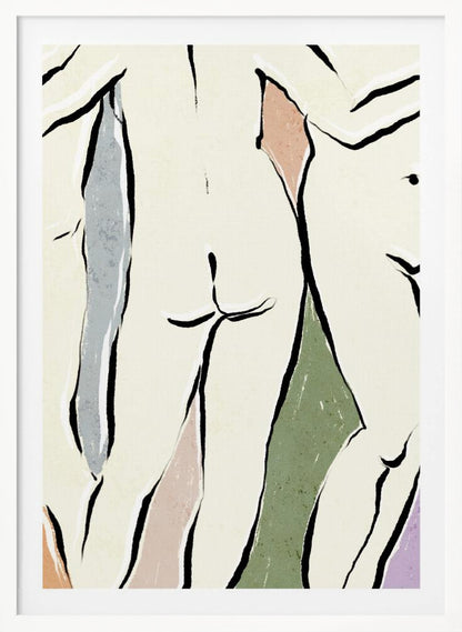 An abstract figurative artwork in a black frame featuring overlapping nude human forms. The figures are defined by bold, black ink lines on a cream background, with blocks of muted colors like dusty rose, sage green, and slate blue accentuating the shapes. Decor