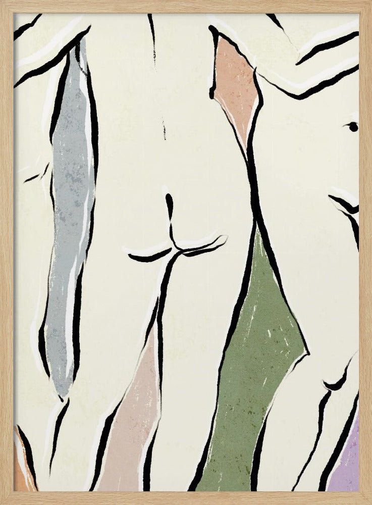 An abstract figurative artwork in a black frame featuring overlapping nude human forms. The figures are defined by bold, black ink lines on a cream background, with blocks of muted colors like dusty rose, sage green, and slate blue accentuating the shapes. Decor
