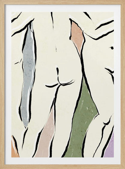 An abstract figurative artwork in a black frame featuring overlapping nude human forms. The figures are defined by bold, black ink lines on a cream background, with blocks of muted colors like dusty rose, sage green, and slate blue accentuating the shapes. Decor