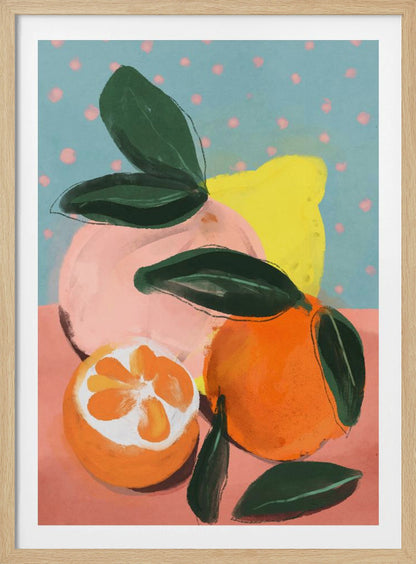 A colorful, painterly still life of various citrus fruits, including a vibrant orange, a halved orange, a pink grapefruit, and a yellow lemon, all with dark green leaves. The background features a peachy-pink surface and a light blue wall with pink polka dots. Artwork