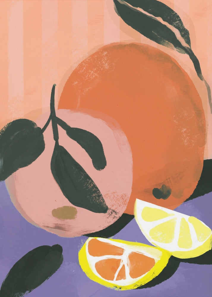 A colorful, painterly illustration of citrus fruits. The composition features two whole fruits, one orange and one pink, with dark green leaves, alongside two wedges of lemon and orange. They are set against a purple foreground and a background of vertical peach-colored stripes. Poster