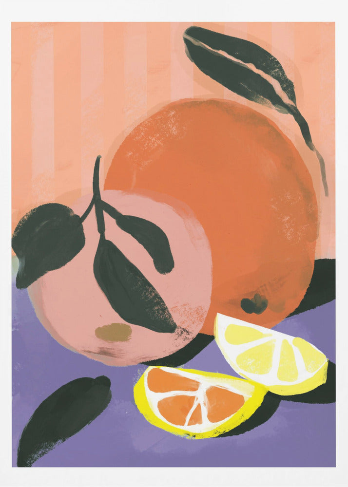 A colorful, painterly illustration of citrus fruits. The composition features two whole fruits, one orange and one pink, with dark green leaves, alongside two wedges of lemon and orange. They are set against a purple foreground and a background of vertical peach-colored stripes. Poster