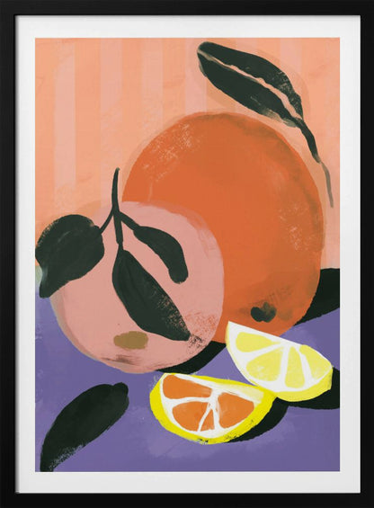 A colorful, painterly illustration of citrus fruits. The composition features two whole fruits, one orange and one pink, with dark green leaves, alongside two wedges of lemon and orange. They are set against a purple foreground and a background of vertical peach-colored stripes. Poster