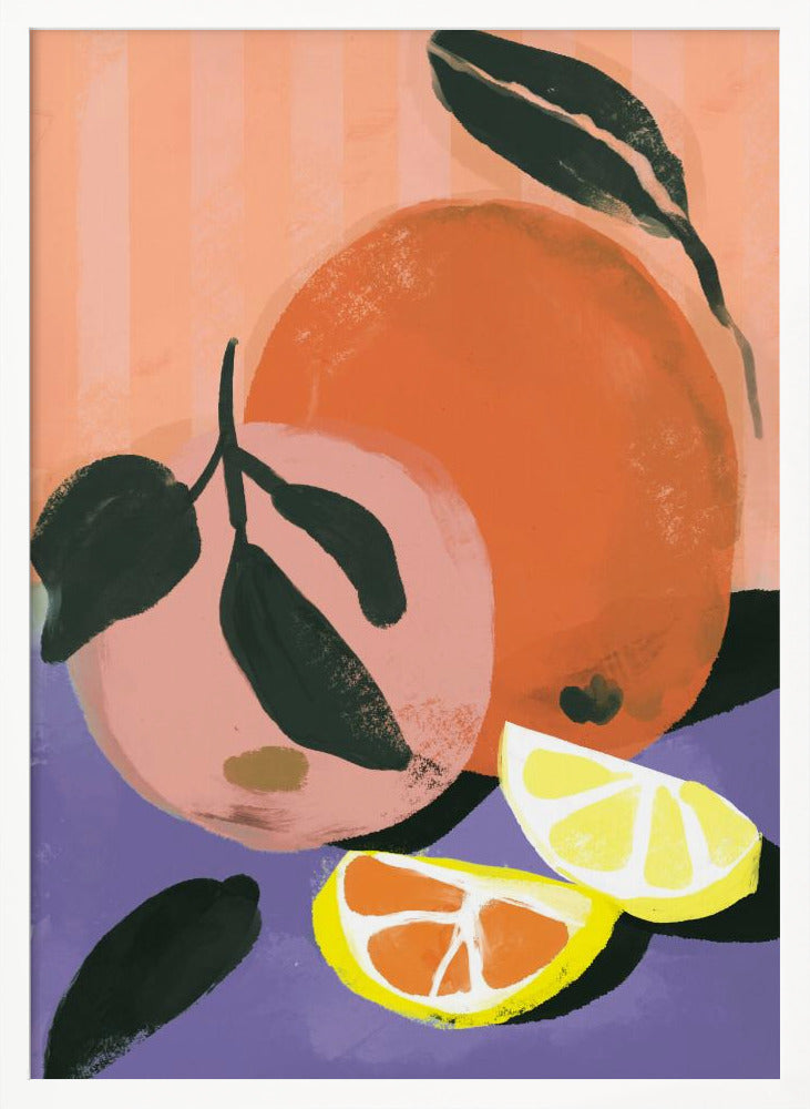 A colorful, painterly illustration of citrus fruits. The composition features two whole fruits, one orange and one pink, with dark green leaves, alongside two wedges of lemon and orange. They are set against a purple foreground and a background of vertical peach-colored stripes. Poster