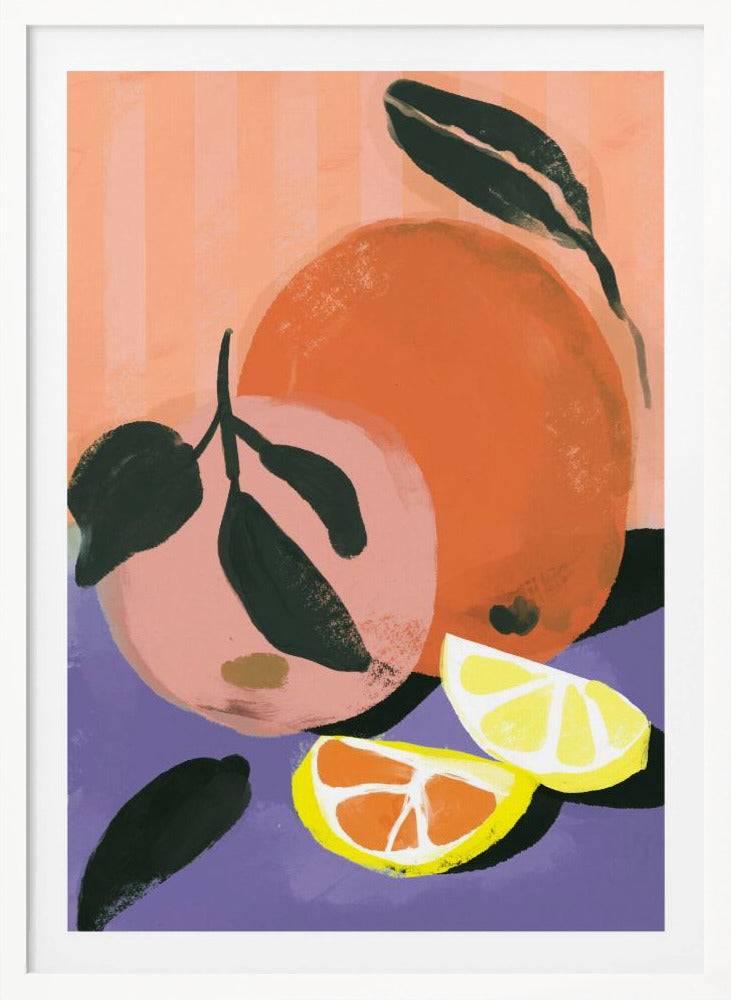 A colorful, painterly illustration of citrus fruits. The composition features two whole fruits, one orange and one pink, with dark green leaves, alongside two wedges of lemon and orange. They are set against a purple foreground and a background of vertical peach-colored stripes. Poster