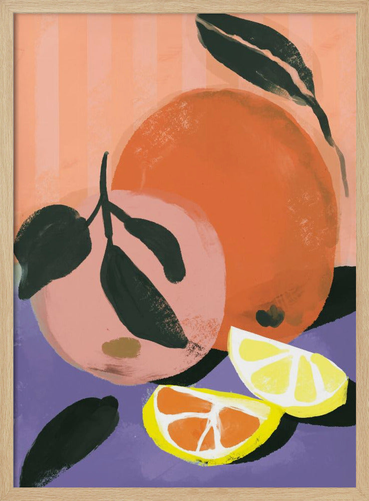 A colorful, painterly illustration of citrus fruits. The composition features two whole fruits, one orange and one pink, with dark green leaves, alongside two wedges of lemon and orange. They are set against a purple foreground and a background of vertical peach-colored stripes. Poster