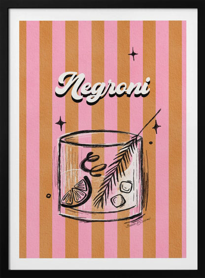 A retro-style poster of a Negroni cocktail. The drink is in a sketched rocks glass with a citrus slice and garnish, set against a background of vertical pink and orange stripes. The word 'Negroni' is written above in a stylized white font. Artwork