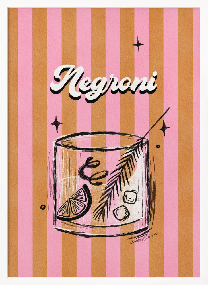A retro-style poster of a Negroni cocktail. The drink is in a sketched rocks glass with a citrus slice and garnish, set against a background of vertical pink and orange stripes. The word 'Negroni' is written above in a stylized white font. Artwork