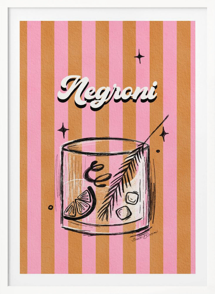 A retro-style poster of a Negroni cocktail. The drink is in a sketched rocks glass with a citrus slice and garnish, set against a background of vertical pink and orange stripes. The word 'Negroni' is written above in a stylized white font. Artwork