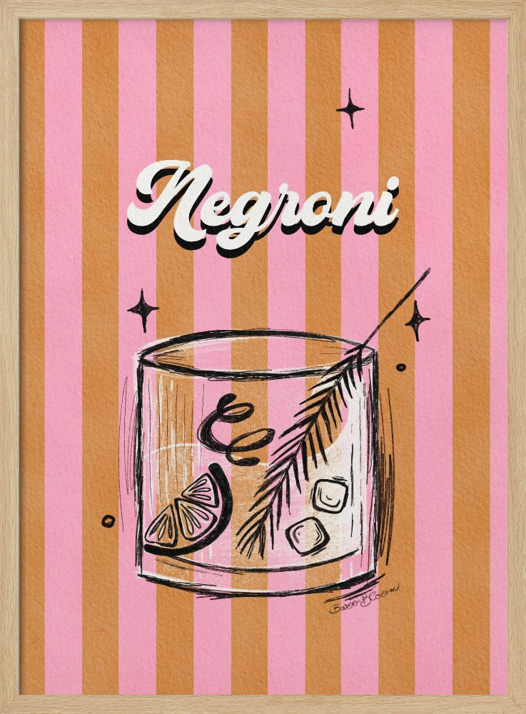 A retro-style poster of a Negroni cocktail. The drink is in a sketched rocks glass with a citrus slice and garnish, set against a background of vertical pink and orange stripes. The word 'Negroni' is written above in a stylized white font. Artwork