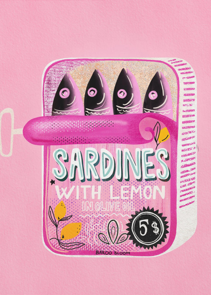 A pop art style illustration of an open can of sardines against a bright pink background. The can itself is pink with text that reads 'SARDINES WITH LEMON IN OLIVE OIL', and it contains four stylized fish. The artwork is presented in a simple black frame. Poster