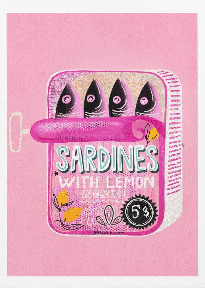 A pop art style illustration of an open can of sardines against a bright pink background. The can itself is pink with text that reads 'SARDINES WITH LEMON IN OLIVE OIL', and it contains four stylized fish. The artwork is presented in a simple black frame. Poster