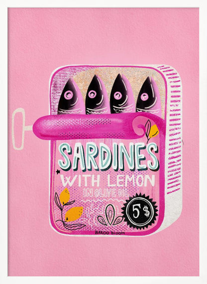 A pop art style illustration of an open can of sardines against a bright pink background. The can itself is pink with text that reads 'SARDINES WITH LEMON IN OLIVE OIL', and it contains four stylized fish. The artwork is presented in a simple black frame. Poster