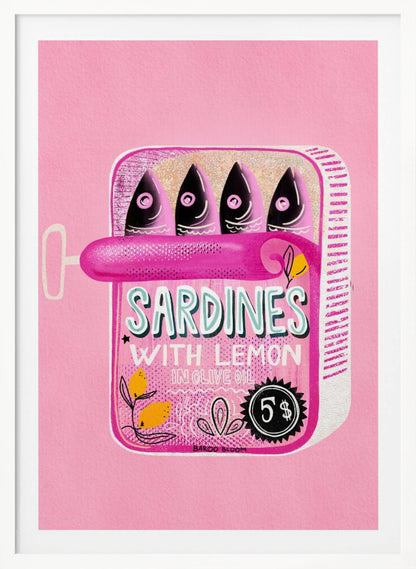 A pop art style illustration of an open can of sardines against a bright pink background. The can itself is pink with text that reads 'SARDINES WITH LEMON IN OLIVE OIL', and it contains four stylized fish. The artwork is presented in a simple black frame. Poster