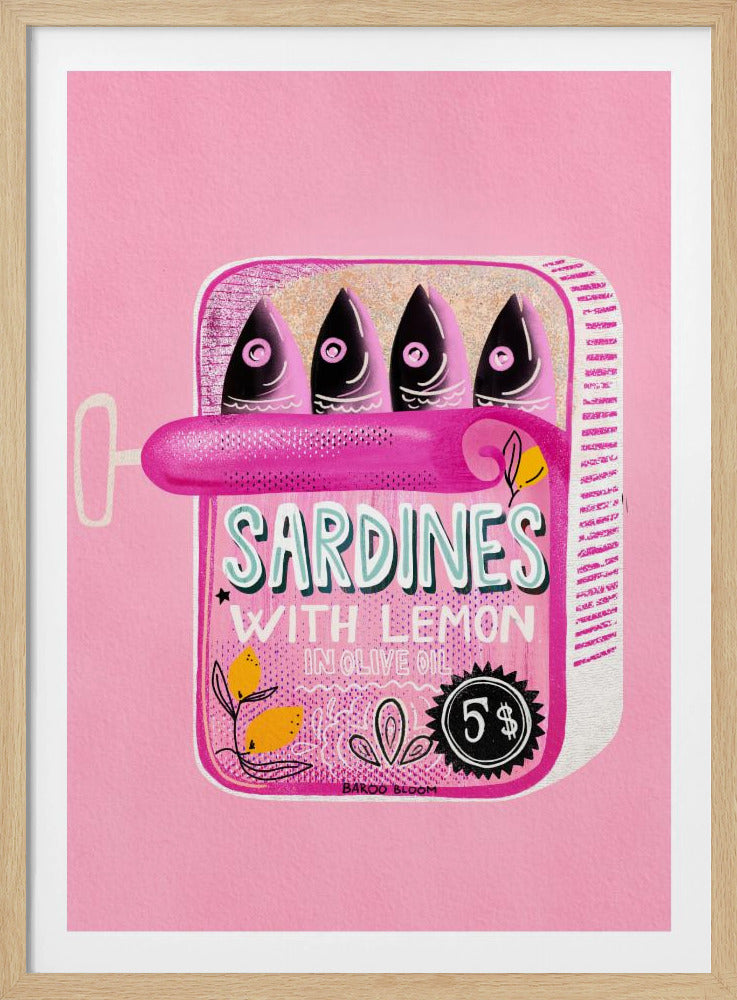 A pop art style illustration of an open can of sardines against a bright pink background. The can itself is pink with text that reads 'SARDINES WITH LEMON IN OLIVE OIL', and it contains four stylized fish. The artwork is presented in a simple black frame. Poster