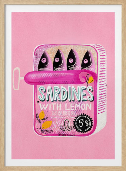 A pop art style illustration of an open can of sardines against a bright pink background. The can itself is pink with text that reads 'SARDINES WITH LEMON IN OLIVE OIL', and it contains four stylized fish. The artwork is presented in a simple black frame. Poster