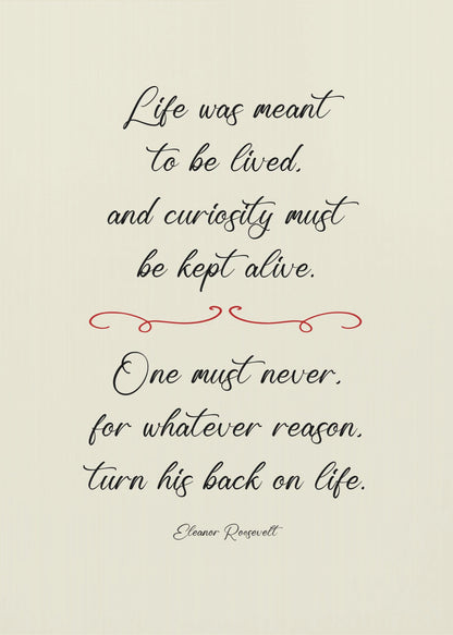 A framed inspirational quote by Eleanor Roosevelt in a black cursive font on a textured beige background. The quote reads: 'Life was meant to be lived, and curiosity must be kept alive. One must never, for whatever reason, turn his back on life.' A red decorative flourish separates the two stanzas. Decor