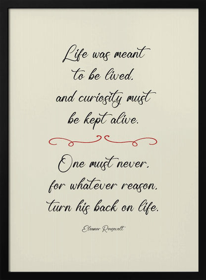 A framed inspirational quote by Eleanor Roosevelt in a black cursive font on a textured beige background. The quote reads: 'Life was meant to be lived, and curiosity must be kept alive. One must never, for whatever reason, turn his back on life.' A red decorative flourish separates the two stanzas. Decor
