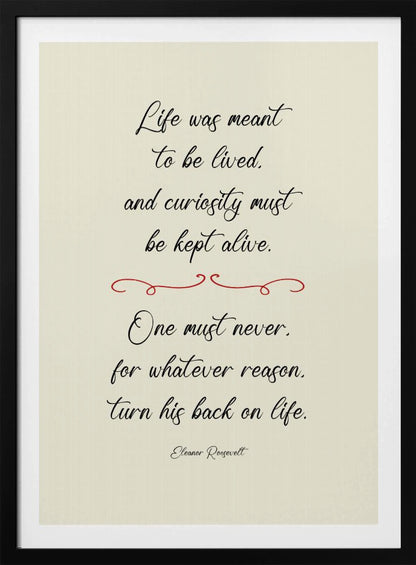 A framed inspirational quote by Eleanor Roosevelt in a black cursive font on a textured beige background. The quote reads: 'Life was meant to be lived, and curiosity must be kept alive. One must never, for whatever reason, turn his back on life.' A red decorative flourish separates the two stanzas. Decor