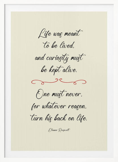 A framed inspirational quote by Eleanor Roosevelt in a black cursive font on a textured beige background. The quote reads: 'Life was meant to be lived, and curiosity must be kept alive. One must never, for whatever reason, turn his back on life.' A red decorative flourish separates the two stanzas. Decor