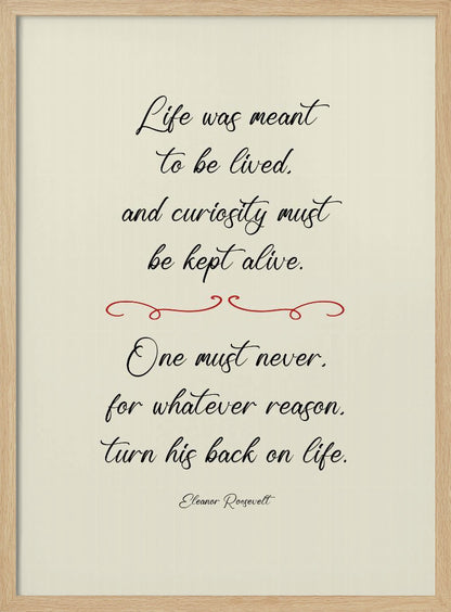 A framed inspirational quote by Eleanor Roosevelt in a black cursive font on a textured beige background. The quote reads: 'Life was meant to be lived, and curiosity must be kept alive. One must never, for whatever reason, turn his back on life.' A red decorative flourish separates the two stanzas. Decor
