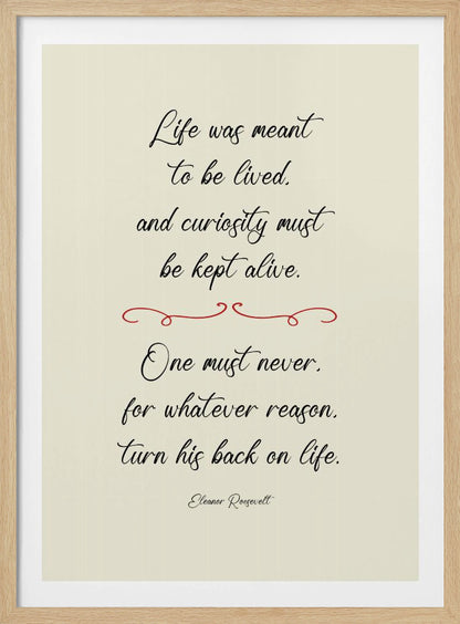 A framed inspirational quote by Eleanor Roosevelt in a black cursive font on a textured beige background. The quote reads: 'Life was meant to be lived, and curiosity must be kept alive. One must never, for whatever reason, turn his back on life.' A red decorative flourish separates the two stanzas. Decor