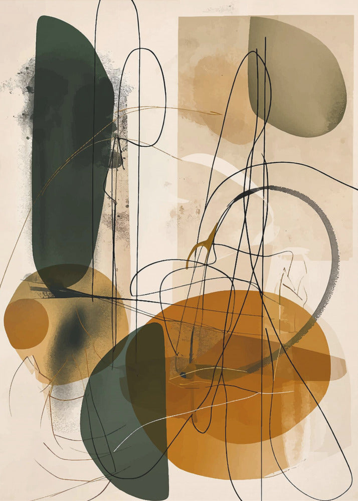 A vertical abstract composition featuring a mix of organic, overlapping shapes in dark green, ochre, and muted olive green against a light beige background. Thin, gestural black lines scribble and loop across the canvas, adding a dynamic and complex layer to the artwork, which is enclosed in a thin black frame. Poster