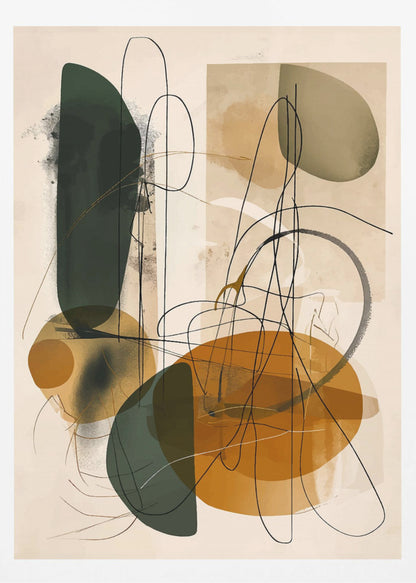 A vertical abstract composition featuring a mix of organic, overlapping shapes in dark green, ochre, and muted olive green against a light beige background. Thin, gestural black lines scribble and loop across the canvas, adding a dynamic and complex layer to the artwork, which is enclosed in a thin black frame. Poster