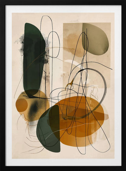 A vertical abstract composition featuring a mix of organic, overlapping shapes in dark green, ochre, and muted olive green against a light beige background. Thin, gestural black lines scribble and loop across the canvas, adding a dynamic and complex layer to the artwork, which is enclosed in a thin black frame. Poster