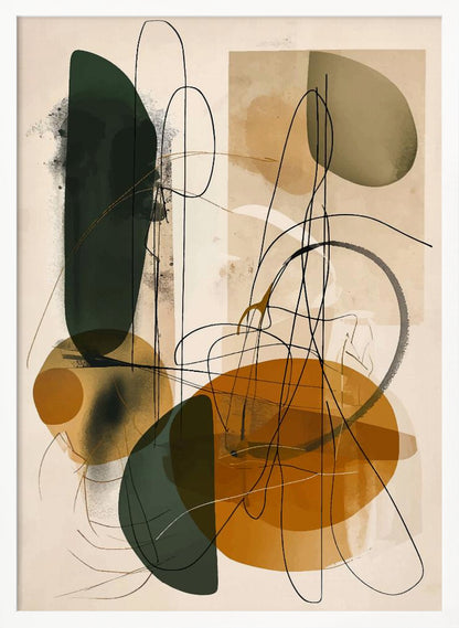 A vertical abstract composition featuring a mix of organic, overlapping shapes in dark green, ochre, and muted olive green against a light beige background. Thin, gestural black lines scribble and loop across the canvas, adding a dynamic and complex layer to the artwork, which is enclosed in a thin black frame. Poster