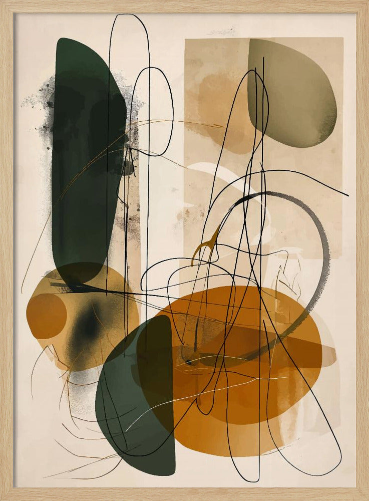 A vertical abstract composition featuring a mix of organic, overlapping shapes in dark green, ochre, and muted olive green against a light beige background. Thin, gestural black lines scribble and loop across the canvas, adding a dynamic and complex layer to the artwork, which is enclosed in a thin black frame. Poster