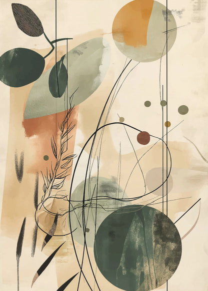 An abstract artwork featuring a blend of botanical and geometric elements. On a beige background, there are overlapping shapes in muted green, sage, and terracotta. Fine black lines create the outlines of leaves, stems, and swirling abstract forms, adding a layer of detail over the painted shapes. Poster
