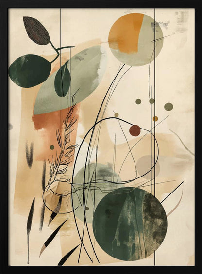 An abstract artwork featuring a blend of botanical and geometric elements. On a beige background, there are overlapping shapes in muted green, sage, and terracotta. Fine black lines create the outlines of leaves, stems, and swirling abstract forms, adding a layer of detail over the painted shapes. Poster