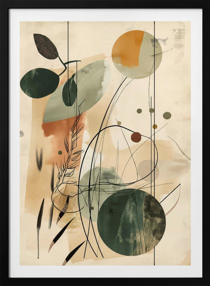 An abstract artwork featuring a blend of botanical and geometric elements. On a beige background, there are overlapping shapes in muted green, sage, and terracotta. Fine black lines create the outlines of leaves, stems, and swirling abstract forms, adding a layer of detail over the painted shapes. Poster